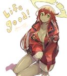  1girl absurdres aria_(guilty_gear) green_eyes guilty_gear guilty_gear_strive hair_between_eyes halo highres jack-o&#039;_valentine jacket long_hair looking_at_viewer oversized_clothes red_jacket redhead subakeye 