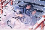 1boy absurdres artist_name black_hair blue_dress chinese_clothes dress hand_fan hand_in_hair highres holding holding_fan long_hair long_sleeves looking_at_viewer lying original pants see-through snow snowflakes snowing stairs transparent tumeii white_pants 