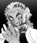  1boy blood blood_on_face blood_on_hands cape greyscale kimetsu_no_yaiba long_hair maki_keigo male_focus monochrome multicolored_hair parted_lips ponytail rengoku_kyoujurou simple_background solo sweat thick_eyebrows upper_body veins wide-eyed 