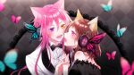  2girls black_dress blue_butterfly bow bowtie bug butterfly character_request dress face-to-face formal frills from_side heterochromia highres holding_hands insect long_hair magnet_(vocaloid) minaminotkita multiple_girls open_mouth pink_butterfly pink_hair suit virtual_youtuber white_suit yuri 