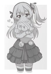  1girl bandages bangs boko_(girls_und_panzer) bow bowtie casual closed_mouth collared_shirt commentary_request cropped_legs eyebrows_visible_through_hair girls_und_panzer greyscale hair_ribbon heart high-waist_skirt highres holding holding_stuffed_toy kumaji_(kumazidayo) layered_skirt long_hair long_sleeves looking_at_viewer medium_skirt monochrome one_side_up outside_border pantyhose ribbon shimada_arisu shirt skirt smile solo standing striped striped_legwear stuffed_animal stuffed_toy suspender_skirt suspenders teddy_bear 