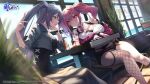  2girls azur_lane bangs blush breasts bremerton_(azur_lane) fukai_ryosuke grey_eyes grey_hair highres intrepid_(azur_lane) large_breasts long_hair long_sleeves multiple_girls open_mouth pink_eyes pink_hair sitting 