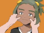  1boy annoyed cheek_pull dark_skin green_eyes green_hair hau_(pokemon) male orange_background simple_background 