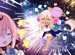  2girls barefoot breasts chibi dark_skin giant giantess hair_ornament hololive hololive_english large_breasts mamaloni mori_calliope multiple_girls pink_hair planet space star_(sky) sweatdrop throwing tsukumo_sana twintails yellow_eyes 