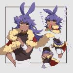  1boy absurdres animal_ears bangs blush bright_pupils brown_shirt cape closed_mouth commentary_request dark-skinned_male dark_skin eating facial_hair fur-trimmed_cape fur_trim hand_up hands_up highres holding holding_carrot leon_(pokemon) long_hair male_focus multiple_views pokemon pokemon_(game) pokemon_swsh purple_hair rabbit_ears red_cape shirt short_shorts shorts smile trembling white_pupils white_shorts yellow_eyes yunoru 