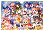  6+girls :d absurdres animal_ear_fluff animal_ears animal_on_head anko_(gochiusa) aoyama_blue_mountain arm_up artist_name bike_shorts black_footwear black_gloves black_hairband black_legwear black_neckwear black_shorts blonde_hair blue_eyes blue_hair blue_legwear blue_skirt blue_vest boots bow broom broom_riding brown_hair bunny_on_head cape capelet carrying cat_ears cat_tail collarbone crown detached_sleeves dress dress_shirt elbow_gloves fake_animal_ears fang floating_hair full_moon gloves gochuumon_wa_usagi_desu_ka? green_capelet green_eyes hair_bow hair_ornament hairband halloween halloween_costume hat hat_bow hat_feather high_ponytail highres holding holding_lantern horns hoto_cocoa hoto_mocha huge_filesize jouga_maya kafuu_chino kafuu_saki kemonomimi_mode kirima_sharo knee_boots koi_(koisan) lantern light_brown_hair long_hair long_sleeves mask medium_hair mini_crown miniskirt moon multiple_girls natsu_megumi official_art on_head open_mouth page_number pantyhose pink_dress princess_carry purple_hair purple_headwear rabbit rabbit_ears red_cape red_eyes redhead shirt short_dress short_shorts shorts shorts_under_skirt silver_hair skin_fang skirt sleeveless sleeveless_dress sleeveless_shirt smile strapless strapless_dress striped striped_legwear tail tedeza_rize thigh-highs tied_hair tippy_(gochiusa) ujimatsu_chiya vertical-striped_legwear vertical_stripes very_long_hair vest violet_eyes white_bow white_dress white_feathers white_gloves white_headwear white_shirt white_skirt white_sleeves witch_hat x_hair_ornament yellow_eyes zettai_ryouiki 