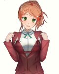  1girl aquila_(kancolle) collared_shirt green_eyes hair_ornament hairclip high_ponytail highres jacket kantai_collection kepyrtca long_hair looking_at_viewer one-hour_drawing_challenge orange_hair red_jacket shirt simple_background solo wavy_hair white_background white_shirt 