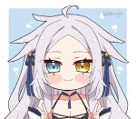  1girl ahoge blue_eyes blush_stickers chibi closed_mouth collarbone commentary detached_sleeves english_commentary grey_hair hair_ribbon heterochromia indie_virtual_youtuber kukie-nyan long_hair looking_at_viewer ribbon runa_(vtuber) smile solo twitter_username upper_body virtual_youtuber yellow_eyes 