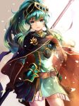  1girl aqua_eyes aqua_hair armor bangs belt cape cosplay earrings eirika_(fire_emblem) ephraim_(fire_emblem) ephraim_(fire_emblem)_(cosplay) fire_emblem fire_emblem:_the_sacred_stones fire_emblem_heroes gloves highres holding holding_weapon jewelry lance long_hair looking_at_viewer official_alternate_costume okiteruyo open_mouth polearm ponytail skirt solo weapon 