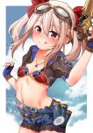  1girl :q bangs bikini blush breasts commentary_request cosplay eyebrows_visible_through_hair fate/grand_order fate/kaleid_liner_prisma_illya fate_(series) goggles goggles_on_head gun illyasviel_von_einzbern leonardo_da_vinci_(fate) leonardo_da_vinci_(rider)_(fate) leonardo_da_vinci_(rider)_(fate)_(cosplay) long_hair looking_at_viewer mochi_(k620803n) navel red_eyes sidelocks small_breasts smile solo swimsuit tongue tongue_out twintails weapon white_hair 