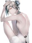  1girl animal_ears arknights backless_dress backless_outfit bare_arms bare_legs breasts cat_ears cat_girl cat_tail chinese_commentary closed_mouth commentary_request dress grey_dress grey_hair hair_bun halterneck hand_up highres long_hair looking_at_viewer looking_back mackia profile schwarz_(arknights) short_dress sideboob simple_background sitting small_breasts solo tail white_background yellow_eyes 