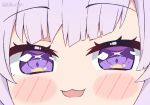  1girl :3 :d blush_stickers close-up commentary english_commentary face hololive kukie-nyan looking_at_viewer nekomata_okayu open_mouth purple_hair smile solo twitter_username violet_eyes virtual_youtuber 