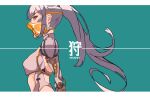  1girl absurdres battery_06 blue_background closed_mouth commentary_request from_side frown grey_hair highres long_hair looking_at_viewer mask mecha_musume mouth_mask orange_eyes original ponytail sideways_glance simple_background solo upper_body 