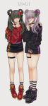  2girls ankle_boots arm_around_waist belt black_choker black_footwear black_shirt black_skirt blush boots choker dual_persona fingernails flower gradient_hair green_hair grey_hair hair_flower hair_ornament hair_rings hand_up highres hoshi_san_3 indie_virtual_youtuber long_sleeves looking_at_viewer miniskirt multicolored_hair multiple_girls nail_polish nema_ui parted_lips pink_nails purple_flower purple_hair purple_nails red_eyes red_flower red_footwear red_shirt shirt simple_background skirt smile socks streaked_hair striped striped_legwear thigh_strap twintails v_over_mouth violet_eyes white_background 