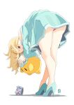  1girl ass automatic_giraffe bare_shoulders blonde_hair blush breasts crown dress earrings gloves hair_over_one_eye jewelry long_hair looking_at_viewer luma_(mario) super_mario_bros. red_eyes rosalina smile solo star_(symbol) star_earrings super_mario_galaxy super_smash_bros. underwear white_background 