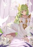  1girl absurdres afk_arena blush calder_(pixiv3698273) dress flora_(afk_arena) flower green_eyes green_hair highres long_hair looking_at_viewer smile white_dress white_flower 