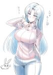  1girl blue_eyes blue_hair breasts character_request closed_mouth denim jeans large_breasts long_hair pants rabbit simple_background solo sweater tukiwani turtleneck turtleneck_sweater white_background 