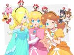  bare_shoulders blonde_hair blue_eyes blush breasts crown dark_pit dress earrings facial_hair gloves hair_over_one_eye hat highres jewelry kid_icarus kid_icarus_uprising kirby kirby_(series) long_hair looking_at_viewer mario super_mario_bros. medium_breasts multiple_girls mustache open_mouth pac-man pac-man_(game) pit_(kid_icarus) princess_daisy princess_peach riomario rosalina smile star_(symbol) star_earrings super_mario_bros. super_mario_galaxy super_smash_bros. video_game 
