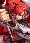  1girl baiken blood blood_on_weapon clenched_teeth eyepatch facial_mark guilty_gear hankuri japanese_clothes katana long_hair obi pink_eyes pink_hair ponytail reverse_grip sash solo sword teeth weapon 