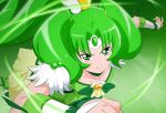  1girl choker circlet closed_mouth collarbone cure_march detached_sleeves fuchi_(nightmare) green_background green_choker green_eyes green_hair green_ribbon green_shirt green_shorts green_skirt hair_intakes hair_ornament long_hair miniskirt pleated_skirt precure ribbon running shiny shiny_hair shirt short_sleeves shorts shorts_under_skirt skirt smile smile_precure! solo twintails v-shaped_eyebrows white_sleeves 