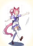  1girl absurdres animal_ears arm_up brown_footwear closed_eyes full_body hair_intakes haru_urara_(umamusume) highres horse_ears horse_girl horse_tail leg_up long_hair open_mouth outstretched_arms ponytail purple_shirt reo-illust4696 school_uniform serafuku shirt shoes short_sleeves simple_background skirt smile solo standing standing_on_one_leg tail thigh-highs umamusume walking white_background white_legwear white_skirt 