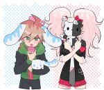  1boy 1girl ahoge animal_ears black_pants black_shirt bow brown_hair cinnamon_roll cinnamoroll commentary_request covering_face cowboy_shot cropped_legs dangan_ronpa:_trigger_happy_havoc dangan_ronpa_(series) dog_ears eating enoshima_junko food green_eyes green_hoodie hair_bow hello_kitty hello_kitty_(character) holding holding_food hood hoodie long_hair nabu_(d4ng4nn6bu12) naegi_makoto nail_polish necktie open_mouth pants pink_hair plaid plaid_skirt polka_dot polka_dot_background red_bow red_nails red_skirt sanrio shirt short_hair short_sleeves simple_background skirt twintails upper_teeth white_background white_neckwear 