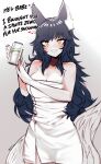 1girl ahri animal_ear_fluff animal_ears bare_shoulders black_hair breasts can ehrrr english_text highres league_of_legends long_hair looking_at_viewer naked_towel simple_background soda soda_can solo sprite_(drink) tail towel yellow_eyes 