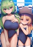  2girls blonde_hair blue_swimsuit blush brand_name_imitation breast_envy breasts checkered checkered_background covered_navel darumoon eyebrows_visible_through_hair frog frog_hair_ornament green_eyes green_hair hair_ornament hair_ribbon hair_tubes hat highres kochiya_sanae large_breasts medium_hair moriya_suwako multiple_girls ribbon school_swimsuit short_hair skindentation small_breasts snake snake_hair_ornament sofmap_background step_and_repeat swimsuit thigh-highs touhou tress_ribbon white_legwear yellow_eyes 