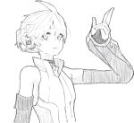  1boy bare_shoulders bass_clef commentary d_futagosaikyou detached_sleeves greyscale headphones high_collar highres kagamine_len kagamine_len_(append) light_smile looking_at_viewer looking_to_the_side male_focus monochrome pendant_choker salute shirt short_ponytail sketch sleeveless sleeveless_shirt solo spiky_hair two-finger_salute upper_body vocaloid vocaloid_append white_background 