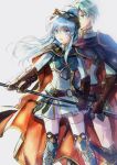  1boy 1girl alternate_costume alternate_hairstyle aqua_eyes aqua_hair armor bangs belt breastplate cape cosplay earrings eirika_(fire_emblem) ephraim_(fire_emblem) ephraim_(fire_emblem)_(cosplay) eyebrows_visible_through_hair fire_emblem fire_emblem:_the_sacred_stones fire_emblem_heroes gloves hair_between_eyes highres holding holding_weapon jewelry lance long_hair mintes official_alternate_costume open_mouth pauldrons polearm ponytail shoulder_armor sidelocks skirt sweatdrop thigh-highs twitter_username weapon white_background 