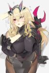  1girl armor bangs bare_shoulders black_dress blonde_hair blush breasts brown_legwear dress fairy_knight_gawain_(fate) fate/grand_order fate_(series) gauntlets green_eyes heterochromia horns large_breasts long_hair looking_to_the_side open_mouth pantyhose pauldrons pelvic_curtain petting red_eyes shoulder_armor sideboob single_gauntlet single_pauldron solo_focus tan_(inka) thighs translation_request 