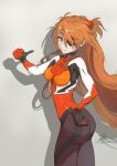  1girl ass blue_eyes breasts eyepatch fadingz grey_background hair_over_one_eye hand_on_hip highres interface_headset long_hair looking_at_viewer medium_breasts neon_genesis_evangelion orange_hair pixiv_id plugsuit rebuild_of_evangelion shadow signature skin_tight solo souryuu_asuka_langley thumbs_up 