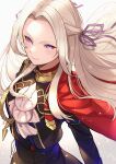  1girl aiguillette bangs cape closed_mouth edelgard_von_hresvelg fire_emblem fire_emblem:_three_houses forehead foreshortening garreg_mach_monastery_uniform hair_intakes hair_ribbon hand_on_hip highres long_hair looking_at_viewer nakabayashi_zun parted_bangs red_cape ribbon smile solo upper_body violet_eyes white_hair 