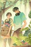  2boys brown_hair closed_mouth face-to-face flower garderobe_uniform green_eyes green_shirt hand_in_pocket headphones headphones_around_neck highres holding leaf looking_at_another multiple_boys open_mouth original red_flower shirt short_hair smile tree tumeii 