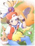 1boy baseball_cap blue_pants blush border brown_eyes brown_hair butterfree charizard closed_mouth collarbone commentary_request eevee gen_1_pokemon grass hand_up hat jacket looking_at_viewer male_focus nagi_(exsit00) on_head pants pikachu poke_ball poke_ball_(basic) pokemon pokemon_(creature) pokemon_(game) pokemon_frlg pokemon_on_head shirt short_hair short_sleeves sitting smile spiky_hair white_border wristband 