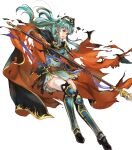  1girl aqua_eyes aqua_hair armor armored_boots bangs belt boots bracelet breastplate brown_gloves cape dress earrings eirika_(fire_emblem) elbow_gloves fire_emblem fire_emblem:_the_sacred_stones fire_emblem_heroes full_body gloves hair_ornament highres holding holding_weapon jewelry long_hair long_sleeves official_art polearm ponytail shiny shiny_hair short_dress shoulder_armor sidelocks solo spear thigh-highs tied_hair turtleneck wada_sachiko weapon white_legwear 