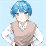  1boy angry blue_background blue_eyes blue_hair looking_at_viewer male puffy_cheeks solo 