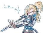  1girl armor blonde_hair blue_eyes character_request gloves long_hair looking_at_viewer simple_background solo sword tied_hair tukiwani weapon white_background 