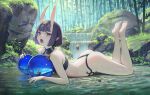  1girl ass bamboo bamboo_forest bob_cut breasts eyeliner fate/grand_order fate_(series) feet_up forest headpiece highres horns lying makeup nature on_stomach oni oni_horns outdoors purple_hair short_eyebrows short_hair shuten_douji_(fate) skin-covered_horns small_breasts solo the_pose vertigris violet_eyes water waterfall 