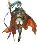  1girl aqua_eyes aqua_hair armor armored_boots bangs belt boots bracelet breastplate brown_gloves cape dress earrings eirika_(fire_emblem) elbow_gloves fire_emblem fire_emblem:_the_sacred_stones fire_emblem_heroes full_body gloves hair_ornament highres holding holding_weapon jewelry long_hair long_sleeves official_art polearm ponytail shiny shiny_hair short_dress shoulder_armor sidelocks solo spear thigh-highs tied_hair turtleneck wada_sachiko weapon white_legwear 