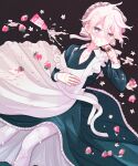  1boy apron bangs black_background commentary_request cream cream_on_face dangan_ronpa_(series) dangan_ronpa_2:_goodbye_despair dress food food_on_face frilled_dress frills fruit grey_apron grey_hair keroro7 komaeda_nagito long_sleeves looking_at_viewer lying maid maid_apron maid_headdress male_focus messy_hair on_back open_mouth pink_headwear sexually_suggestive short_hair simple_background solo strawberry tube 