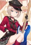  1girl absurdres aoba_moca aqua_eyes bang_dream! bangs black_gloves black_headwear black_neckwear blue_eyes chair choker commentary electric_guitar gloves grey_hair guitar half_gloves hat highres holding holding_instrument instrument kneehighs long_sleeves looking_at_viewer lost_one_no_goukoku_(vocaloid) neckerchief peaked_cap plaid plaid_skirt pleated_skirt red_legwear red_shirt sailor_collar shirt short_hair sitting skirt smile solo star_(symbol) tokkyu 