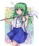  1girl blue_skirt collared_shirt commentary_request cowboy_shot frog_hair_ornament gohei green_eyes green_hair hair_between_eyes hair_ornament highres holding kochiya_sanae leg_up long_hair looking_at_viewer messy_hair open_mouth shen_li shirt skirt snake_hair_ornament socks solo standing standing_on_one_leg touhou triangle_mouth white_legwear 