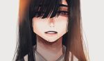  1girl black_hair grey_eyes hair_over_one_eye hoshi_san_3 long_hair looking_at_viewer mole mole_under_eye mole_under_mouth one_eye_covered original parted_lips simple_background solo white_background 