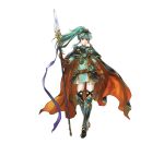 1girl absurdres aqua_eyes aqua_hair armor armored_boots bangs belt boots bracelet breastplate brown_gloves cape clenched_hand closed_mouth commentary dress earrings eirika_(fire_emblem) elbow_gloves fire_emblem fire_emblem:_the_sacred_stones fire_emblem_heroes full_body gloves hair_ornament highres holding holding_weapon jewelry lips long_hair long_sleeves looking_at_viewer official_art polearm ponytail shiny shiny_hair short_dress shoulder_armor sidelocks simple_background solo spear standing thigh-highs tied_hair turtleneck wada_sachiko weapon white_background white_legwear zettai_ryouiki 