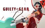  1girl black_hair boots electric_guitar fingerless_gloves gloves guilty_gear guilty_gear_strive guitar hat highres i-no instrument jacket laio red_headwear red_jacket short_hair sunglasses thigh-highs thigh_boots witch_hat 