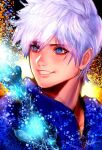  1boy blue_eyes face glowing grin jack_frost nyamunekonabe portrait rise_of_the_guardians short_hair signature smile solo teeth upper_body white_hair 