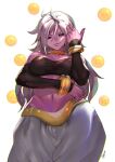  1girl android_21 ashiomi_masato black_sclera bracelet breasts colored_sclera colored_skin dragon_ball dragon_ball_fighterz earrings hoop_earrings jewelry long_hair looking_at_viewer majin_android_21 navel pink_skin red_eyes simple_background smile solo white_background white_hair 