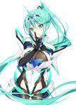  1girl absurdres bangs breasts chest_jewel daive earrings gloves greek_text green_eyes green_hair highres jewelry large_breasts long_hair pneuma_(xenoblade) ponytail solo swept_bangs tiara very_long_hair xenoblade_chronicles_(series) xenoblade_chronicles_2 