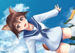  1girl animal_ears bangs blue_neckwear blue_sailor_collar brown_eyes brown_hair clouds dog_ears dog_tail long_sleeves looking_at_viewer miyafuji_yoshika mugiaki neckerchief one-piece_swimsuit open_mouth sailor_collar school_swimsuit short_hair sky solo strike_witches striker_unit swimsuit swimsuit_under_clothes tail twitter_username world_witches_series 